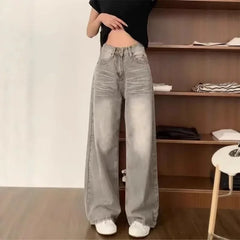 Pbong High Waist Wide Leg Jeans Women's Vintage Spring Autumn Slimming Straight Floor-Length Pants American Style Loose Fit