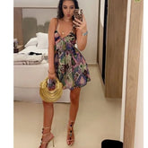 Fashion Bohemia Women Dress New V-neck Elastic Waist Fashion Summer Slip Dress Aesthetic Retro A-line Print Short Dress