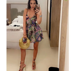 Fashion Bohemia Women Dress New V-neck Elastic Waist Fashion Summer Slip Dress Aesthetic Retro A-line Print Short Dress