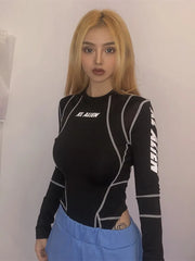 Women Turtleneck Bodysuits Mesh Patchwork Letter Print Jumpsuit Fashion Female Workout Street Casual Rompers Mujer