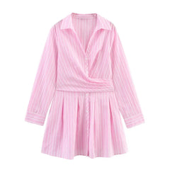 French Fashion Striped V-neck Long Sleeve Short Dress Chic Loose Single Breasted Pleat Summer Dress New Female Clothing