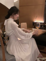 Spring Turtleneck White Midi Dress Women Long Sleeve French Elegant One Piece Dress Korean Fashion Y2k Clothing Design
