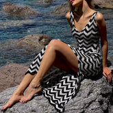 Wave Stripe Fahsion Tank Dress For Women New Vacation Beach Slit Knitting Long Dress V Neck Sleeveless Tight Sexy Vestidos