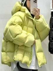 Women Korean-Style Hooded Glossy Cotton Coat Zipper Pocket Long-Sleeve Warm Parka for Autumn Versatile Outerwear Casual New