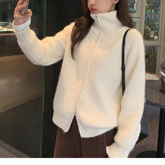 Women Zip Up Sweater High Neck Zipper Front Knit Cardigan Sweater Jacket Ladies Autumn Winter Korean Fashion Outfit
