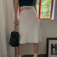 Elegant White Women Satin Skirt Fairycore Ruffle Mid Skirts Coquette A-line Basic Casual Korean Style Summer Silk Skirt