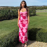Flower Jacquard Long Dress 2025 New Rosered Sleeveless Slim Fashion Slip Dress Summer Vestidos Beach Party Female Clothes