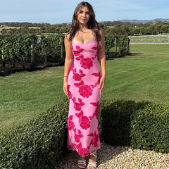 Flower Jacquard Long Dress 2025 New Rosered Sleeveless Slim Fashion Slip Dress Summer Vestidos Beach Party Female Clothes