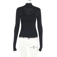 Gothic T-Shirt Cross Y2k Women Sweater Hollow Harajuku Turtleneck Pullover Japanese Fashion Slim Autumn Black Sweater Sexy