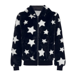 Autumn Winter New Y2k Women's Long Sleeve Hoodies Star Print Velvet Zipper Straight Loose Cardigan Design Warm