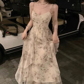 Elegant Floral Chiffon Midi Dresses for Women Holiday Long Dress Sleeveless Vintage Dress Fairy Slim Party Casual