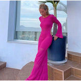 Sexy Solid Hollow Out Flare Long Sleeve Dress For Woman Fashion O Neck Backless Dresses Female Beach Vocation Vestidos