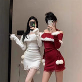 Pbong Red Christmas Dress Women's Autumn Winter New Style Fleece Wrap around Short Skirt Birthday Gift Dress Warm Bodycon Dress
