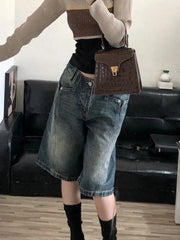 American Retro Blue Denim Shorts Women Korean Style High Waist Biker Jeans Feminino 2024 Summer Chic Streetwear