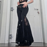 Goth Mall Flare Pants Sexy Black Lace Patchwork High Waist Vintage Harajuku Hippie Punk Grunge Streetwear Y2k Pants