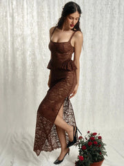 Lace See Through Sexy Maxi Dress Women Elegant Spaghetti Strap Sleeveless Backless Thigh High Split Club Long Dress