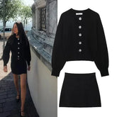 Pbong Fast Selling Independent Station Women's Fashionable European Style Knit Jacket Mini Skirt Set Large Button Decor