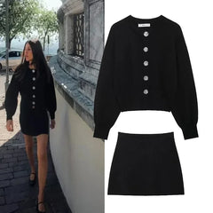 Pbong Fast Selling Independent Station Women's Fashionable European Style Knit Jacket Mini Skirt Set Large Button Decor