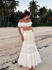 Women's High Waisted White Lace Patchwork Maxi Bubble Skirt Boho Style Suitable For Music Festivals Concerts Coachella Parties