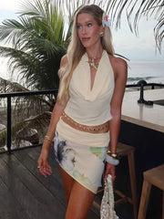 Temperament 2-Piece Set Women Halter Backless Swing Collar Tops+Wear Both Front And Back Patchwork Skirts Matching Suits