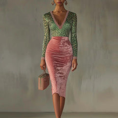 Pbong Autumn New Velvet Splicing Stretch Slim Wrap Hip High Waist Fishtail Skirt Long Skirt Dress Women Two Sets