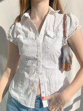 Sweetown Single Breasted Puff Sleeve White Shirts For Women Button Turn Down Collar Pockets Simple Casual Safari Style Tops