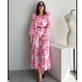 Women's French Fashion Paired With Waistband Floral Print Long Dress New Lantern Sleeve Ruffle Chic Spring Vacation Dress
