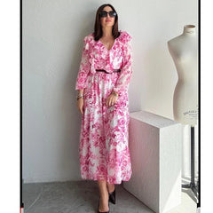 Women's French Fashion Paired With Waistband Floral Print Long Dress New Lantern Sleeve Ruffle Chic Spring Vacation Dress