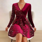 Pbong Women's V-neck Sexy Long Sleeved Sequined Solid Color Dress High Street Fashion Elegant Party Evening Dresses