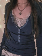 Womens Y2k Tee Crop Top Long Sleeve Lace Fairycore Grunge T-Shirts Ribbed Knit Harajuku Aesthetic Girl Tops T-Shirts Streetwear