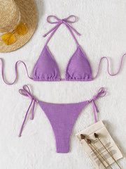 Textured Halter Triangle Tie Side Bikini Women Swimsuit Swimwear Female Sexy Bathing Swimming Suit Summer Beachwear Bathers