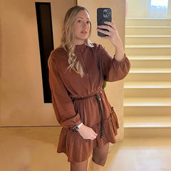 Lantern Sleeve Brown Vintage Short Dress Ruffle Spring Summer Women Dress With Belt Hollow Out Loose Fashion Vestidos New