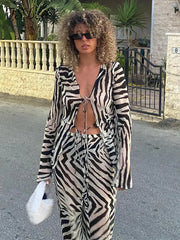 2023 Tracksuit Women Print Y2K Long Sleeve Top Shirts Bandage And Pants Sexy Two Piece Set Casual Outfits Party Clubwear
