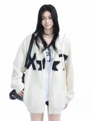 Faux Mink Cashmere Y2K Cardigan Sweater Women Streetwear American Vintage Knitted Hooded Jackets Hip Hop Star Letter Bf Tops New