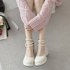 Vintage High Heels Mary Jane Shoes for Women Patent Leather Platform Pumps Woman Pearls Chain Thick-Heeled Shoes Female