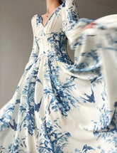 Summer Women New French Vintage Floral Print Party Midi Dresses Elegant V-Neck Lantern Sleeve Prom Clothes Vestidos Robe