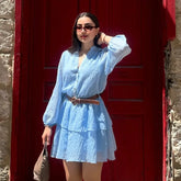 Vacation Blue Short Dress For Summer Lantern Sleeve Casual Solid Color Spring Women Dress With Belt A-line Fashion Vestidos