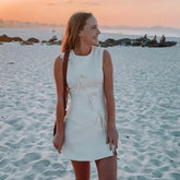 Chic Bow Lace Up Short Dress New Round Neck Slim Sleeveless Summer Dress For Women Beige Solid Color All-match Vestidos