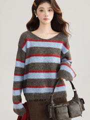 Korean Sweet Striped Sweater Women Sexy V Neck Vintage Knitted Jumper Casual Long Sleeve Female Lazy Wind Pullover Tops New