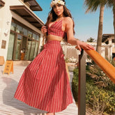 Stripe Bras And Pleat Skirt Sets Sexy Casual Boho Crop Top + Skirts Two Piece Set Vacation Woman Clothing 2025 New Summer Suit