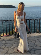 White Slim Beach Vacation Long Dress Summer Hollow Out Sleeveless Sexy Women Dress V-neck High Waist Casual Y2K 2025 New Dress