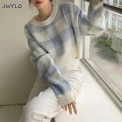 Cropped Sweater Korean O-neck Plaid Printing Preppy Style Pullover Sweater Women Simple Sweet Sweaters For Women Student Sweater