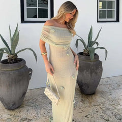 Women's New Vacation Style Strapless Long Dress 3D Flower Fashion Chic Beach Dresssolid Color Knitting Party Summer Dress