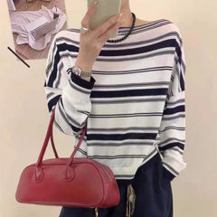 Off Shoulder Striped Knit Top for Women Long Sleeve Off-the-Shoulder Pullovers Jummper Ladies Fall Winter Korean Fashion Outfit
