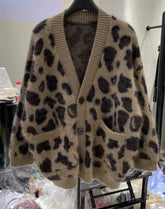Oversized Cardigan for Women Autumn Clothing Vintage Sueter Mujer Fashion Casual Leopard Print Knitted Sweater Coat Pull Femme