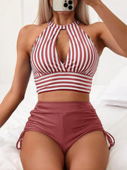 Cut-out Bikini Striped Swimsuit Hollow Out Women High Waist Swimwear Female Bathers Bathing Swimming Swim Suit Beachwear
