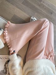Ruffles Knitted Flare Pant Women High Waist Fashion Loose Fall Winter Trousers Korean Chic Elegant Lady Sweet Solid Pants