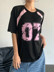 Women's Clothing Fashion Casual Crew Neck Contrast Color Number 07 Print Streetwear T-Shirt Sports Jerseys And Fashionable Tops
