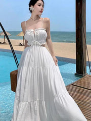 Women Beach Holiday White Dress Summer Backless Hollow Out Lace Up Bandage Long Dresses Female Club Party Fairy Maxi Dress