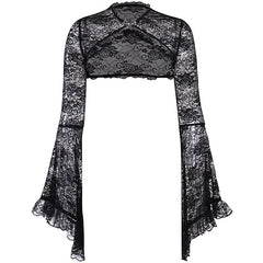 Lace Mall Gothic See Through Shrug Tops Grunge Aesthetic Black Flare Sleeve Crop Top Women Vintage Punk Sexy Clothing